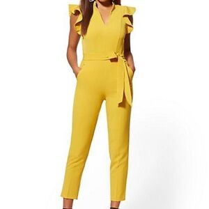 New York & Company Yellow Ruffle Sleeve Jumpsuit